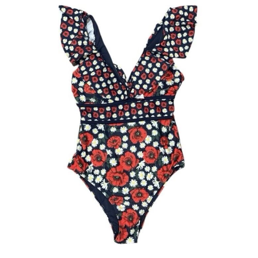 Juicy Couture One Piece Swimsuit deep V-neck Red Poppies Woman’s Size M NWOT